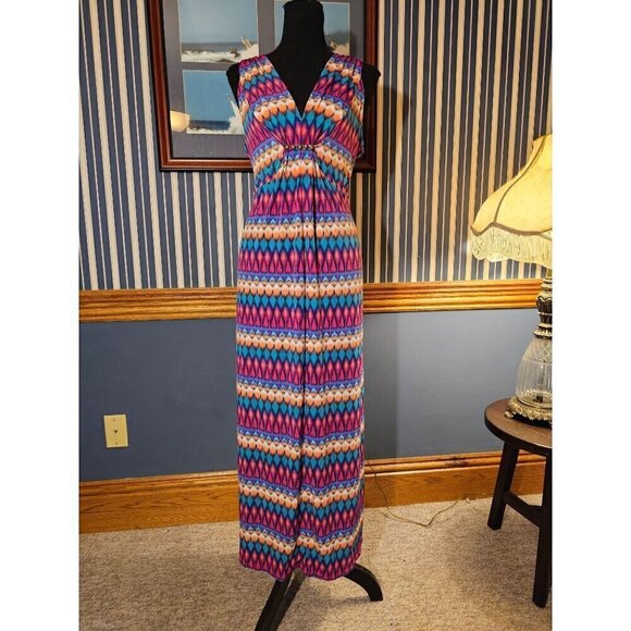 Ruby Rd. Size Small Batik V Neck Stretch Maxi Summer Sun Dress Multicolor - Picture 1 of 4